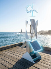 Fototapeta premium Wind Turbine Windmill Robot on Dock by Ocean