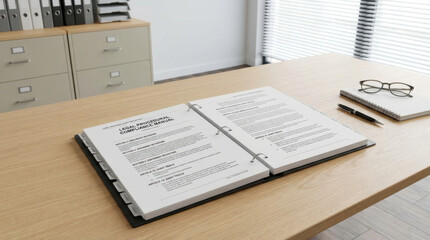 Obraz premium Open Binder Legal Document on Wooden Desk with Glasses Note Pad and Pen