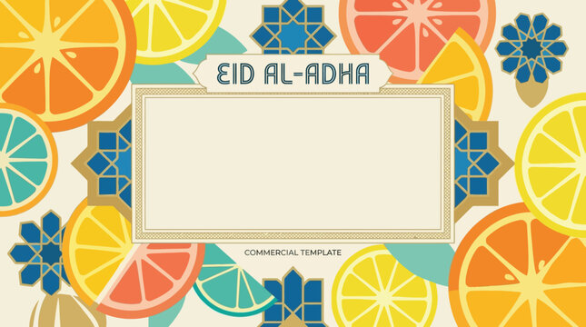 Eid Al Adha greeting card template with citrus fruit and geometric patterns.