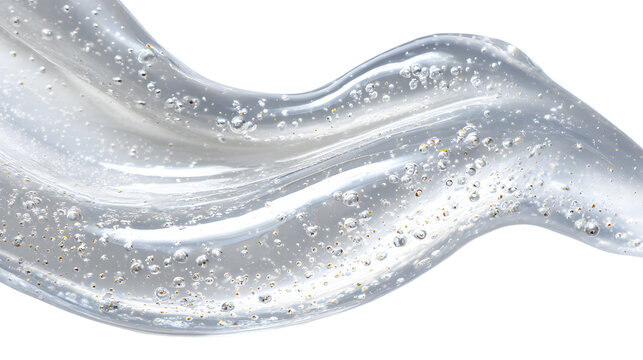 Clear white cosmetic gel serum oil texture isolated on white background. Hyaluronic acid skincare product with bubbles macro. Clear white cosmetic gel serum oil texture isolated on white background.