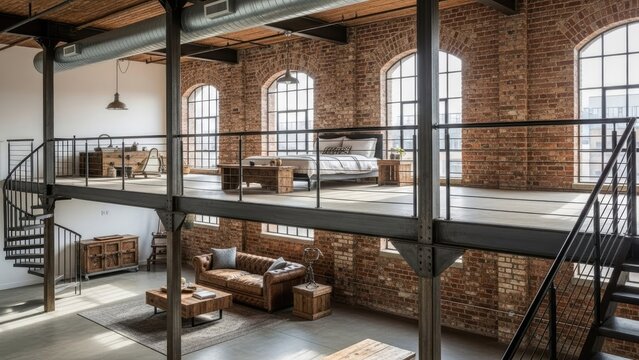 Spacious industrial loft apartment with exposed brick and mezzanine bedroom.