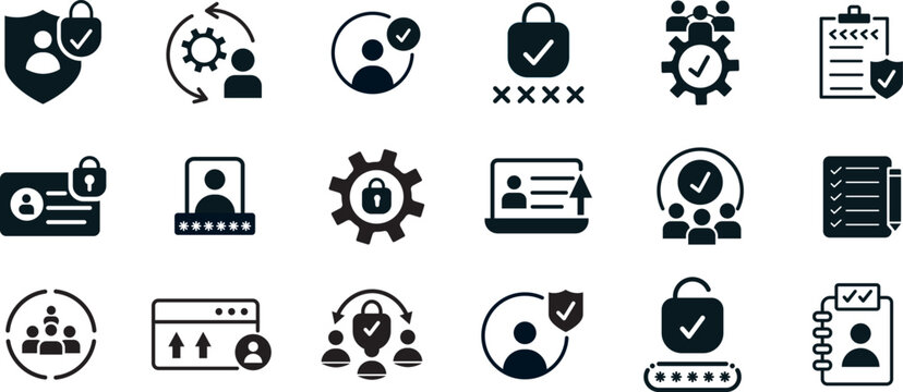 Isolated user account solid icon set for profile login and password username, featuring professional illustration signs for avatar authentication and registration buttons in a social symbol vector col