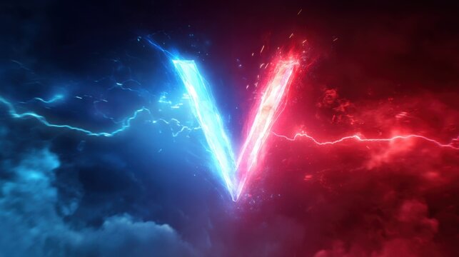 A dynamic split-screen background with glowing &ldquo;VS&rdquo; text, radiant light bursts, and red-blue color contrast, perfect for showcasing football battles or competitions.