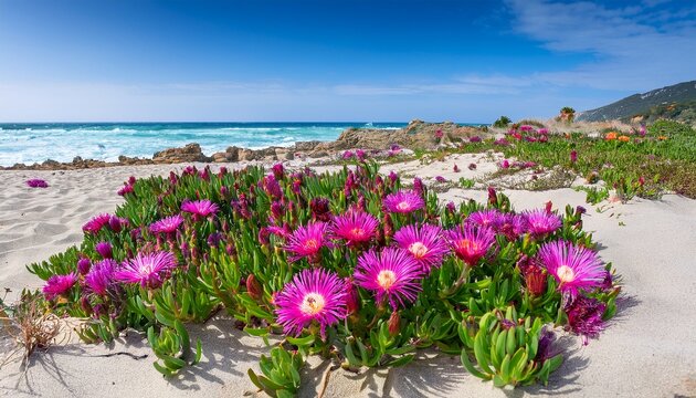 detailed view of carpobrotus edulis hottentot fig fuchsia blossoms on budoni beach s white sand in sardinia with the blue sea and sky behind