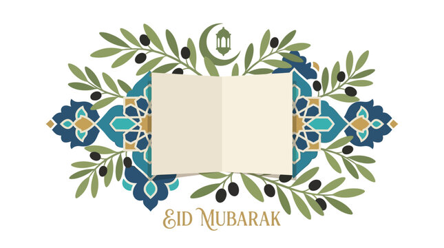 Elegant Eid Mubarak greeting card design featuring an open Quran book with decorative olive branches and Islamic geometric patterns.