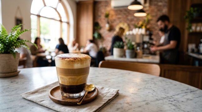 A delicious layered coffee drink served in a glass on a marble table in a cozy cafe.