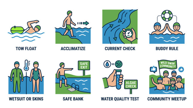 Wild Swimming Safety Infographic Icons Set for Open Water Outdoor Swimming Tips and Community Guidelines