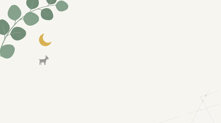 Minimalist nursery wall art with eucalyptus branch crescent moon and cute baby goat. © mizan