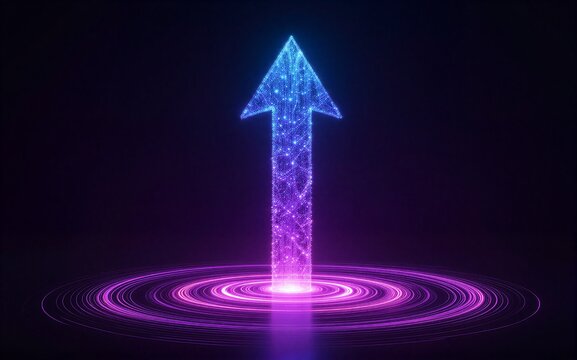 Glowing arrow of light rises from swirling purple energy symbolizing