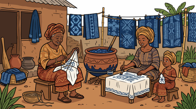 African women of three generations practicing traditional indigo textile dyeing and Adire batik craft in courtyard