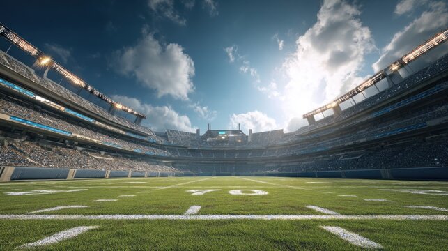 A professional American football stadium with green turf and white lines, viewed under clear skies with a vivid, game-ready atmosphere.