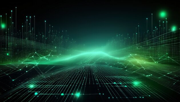 abstract digital network background banner with glowing light and connecting data dots in black and green colors big data technology concept