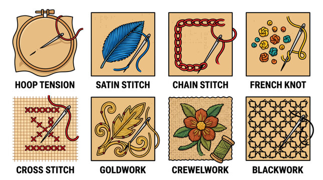 Illustration of Various Hand Embroidery Stitches and Techniques Including Cross Stitch Satin Stitch and Goldwork