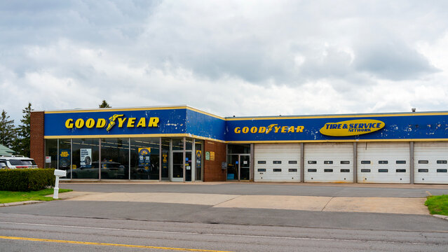 Cicero, NY - May 2, 2026: Exterior of a Goodyear Auto Service store. The Goodyear Tire & Rubber Company, founded in 1898, operates more than 1,000 Goodyear locations in the U.S. 