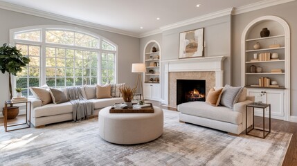 Fototapeta premium Sunlit neutral living room with fireplace, featuring plush sofa, round ottoman, textured rug, built in shelves and arched window bathing space in warm light. Styling blends modern minimalism and cozy