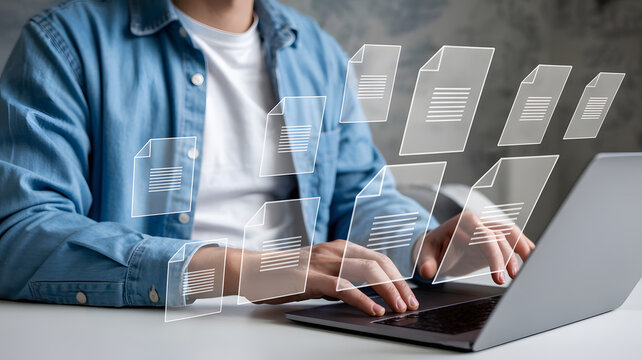 Digital document management system with virtual file icons, professional man working on laptop for cloud storage organization, electronic data archiving and paperless office workflow solutions