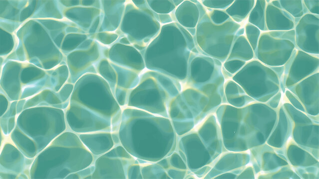 An abstract texture of clear blue swimming pool water creates a rippling surface with a transparent liquid pattern and light reflections during summer