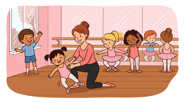 Children's ballet class illustration featuring a teacher helping students practice in a dance studio