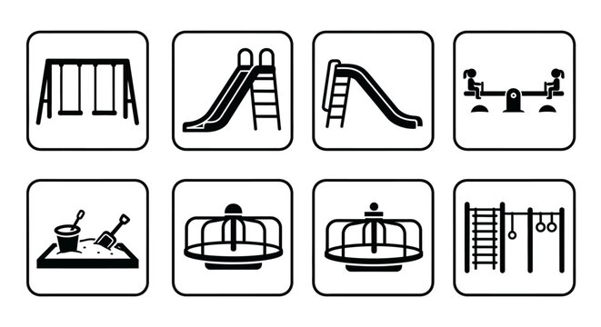 Playground Icons Set: Swings, Slides, Seesaw, Sandbox, Merry-go-round, Monkey Bars