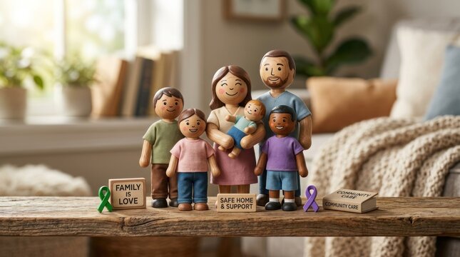 Claymation Family of Six Poses Together in Cozy Living Room Setting.