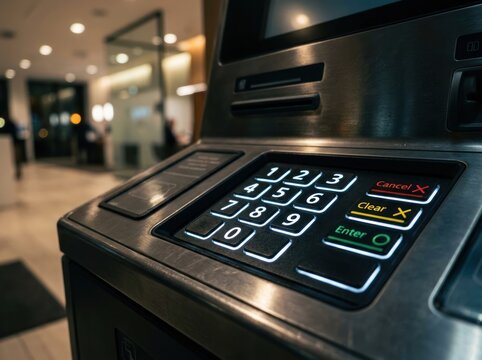 Close-up of a modern ATM machine keypad with illuminated buttons.