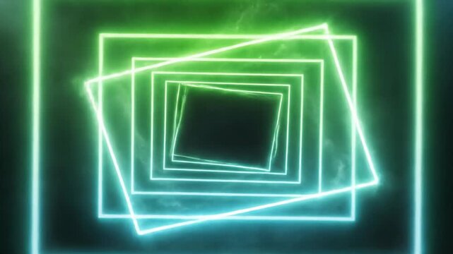 A vibrant, abstract composition features concentric neon squares diminishing in size against a dark background, creating a mesmerizing visual effect.