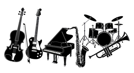Musical Instruments Silhouette Collection: Piano, Guitar, Violin, Saxophone, Trumpet, Drums © Varel