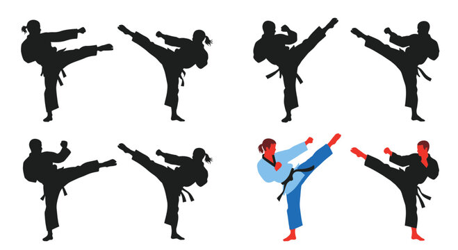 Martial Arts Silhouette Set: Karate, Taekwondo, Kickboxing Action Poses