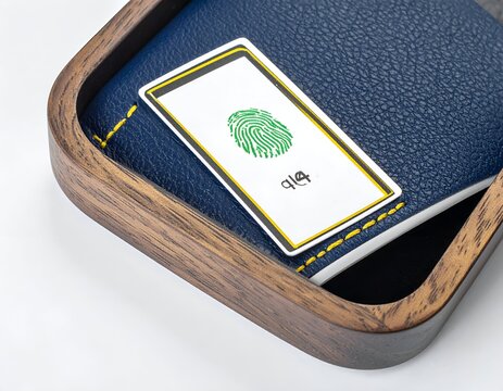A leather bound book nestles in a wooden box, with a card bearing a green fingerprint and text