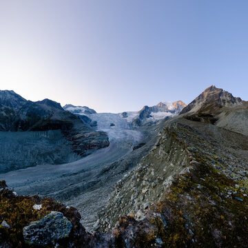 Panorama of Moriy glacier at sunrise