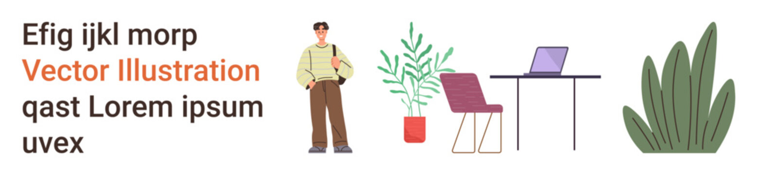 Work environment, remote work, productivity, interior design, home office, greenery. A person stands next to potted plants and a desk. Work environment and remote work concepts