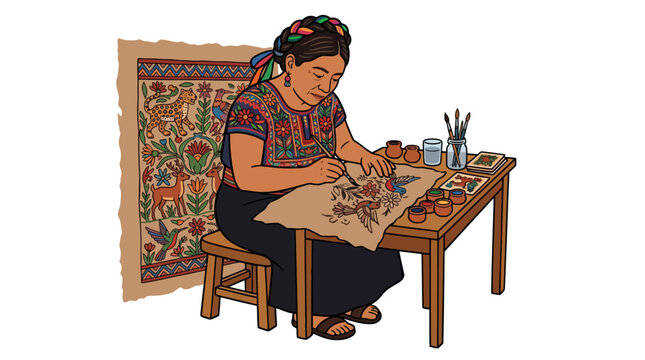 Illustration of a Mexican artisan painting traditional Amate bark paper with nature and animal motifs