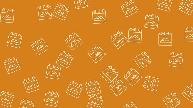 Numerous scattered calendar icons on an orange background. Suitable for design projects requiring a dynamic and vibrant calendar concept.
