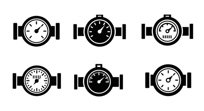 Water Meter Icons: Set of six industrial measurement gauges for utility flow control