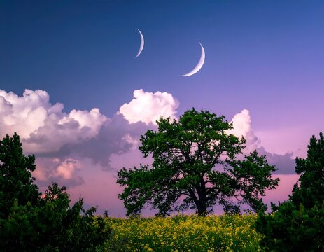 Scenic dusk vista. Field of flowers below a vibrant sky, with crescent moons and trees in silhouette