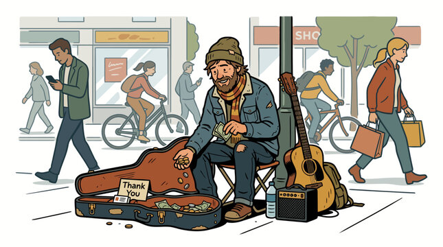 Illustration of a homeless street musician busker collecting money on a busy urban city sidewalk