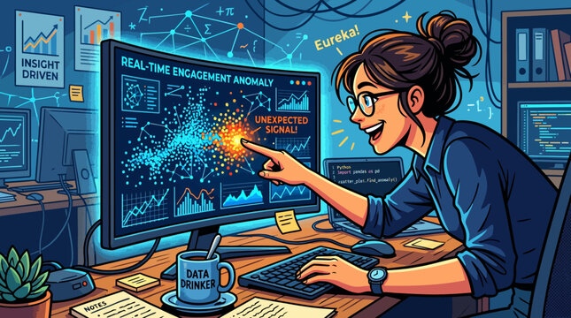 Excited Female Data Scientist Discovering Real-Time Engagement Anomaly on Monitor Illustration