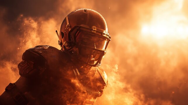 A powerful football player stands in a fiery stadium with smoke and sparks rising behind him, intense lighting and dramatic atmosphere create a bold sports scene.