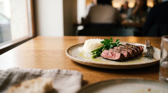 Sliced steak dinner with rice and green beans on a plate