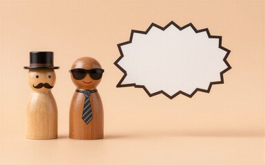 Naklejka premium Two wooden peg men one with a mustache and top hat the other in
