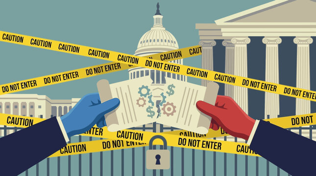 Corruption and bribery concept with caution tape and us capitol building in background