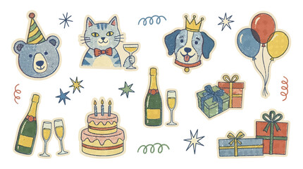 Fototapeta premium Colorful birthday stickers with animals and party decorations