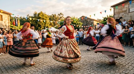 Naklejka premium Women in traditional folk costumes dancing in a village square