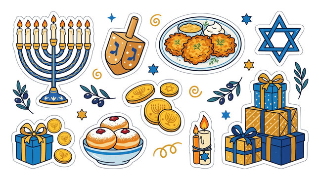 Hanukkah celebration elements with menorah dreidel gifts and traditional food