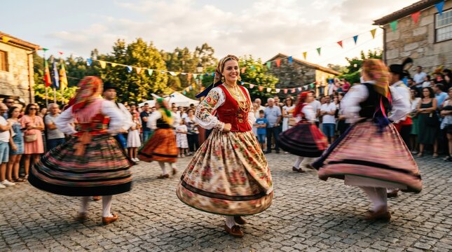 Women in traditional folk costumes dancing in a village square