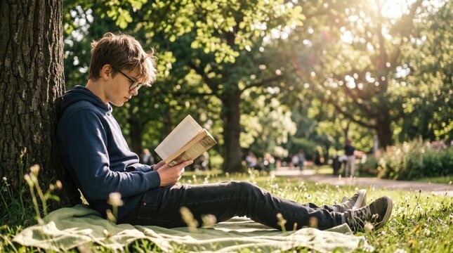 Teenager reading a book under a tree in a sunlit park