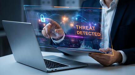 Fototapeta premium Business person touching a transparent holographic screen displaying a threat detected alert and security lock in a dark office environment