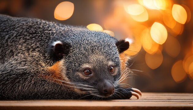 binturong bearcat resting on wooden table detailed whiskers exotic asian mammal with warm bokeh lights