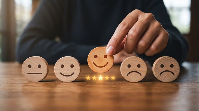 Customer feedback survey with smiley face rating icons and glowing stars, demonstrating satisfaction