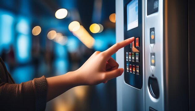 hand presses button of vending machine self used technology and consumption concept